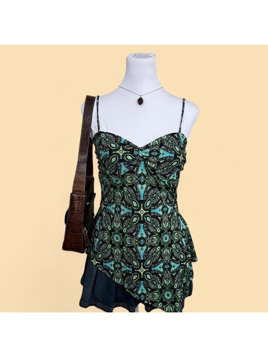 Wet Seal Tops - y2k green blue abstract boho whimsical grunge asymmetric cami stretchy top